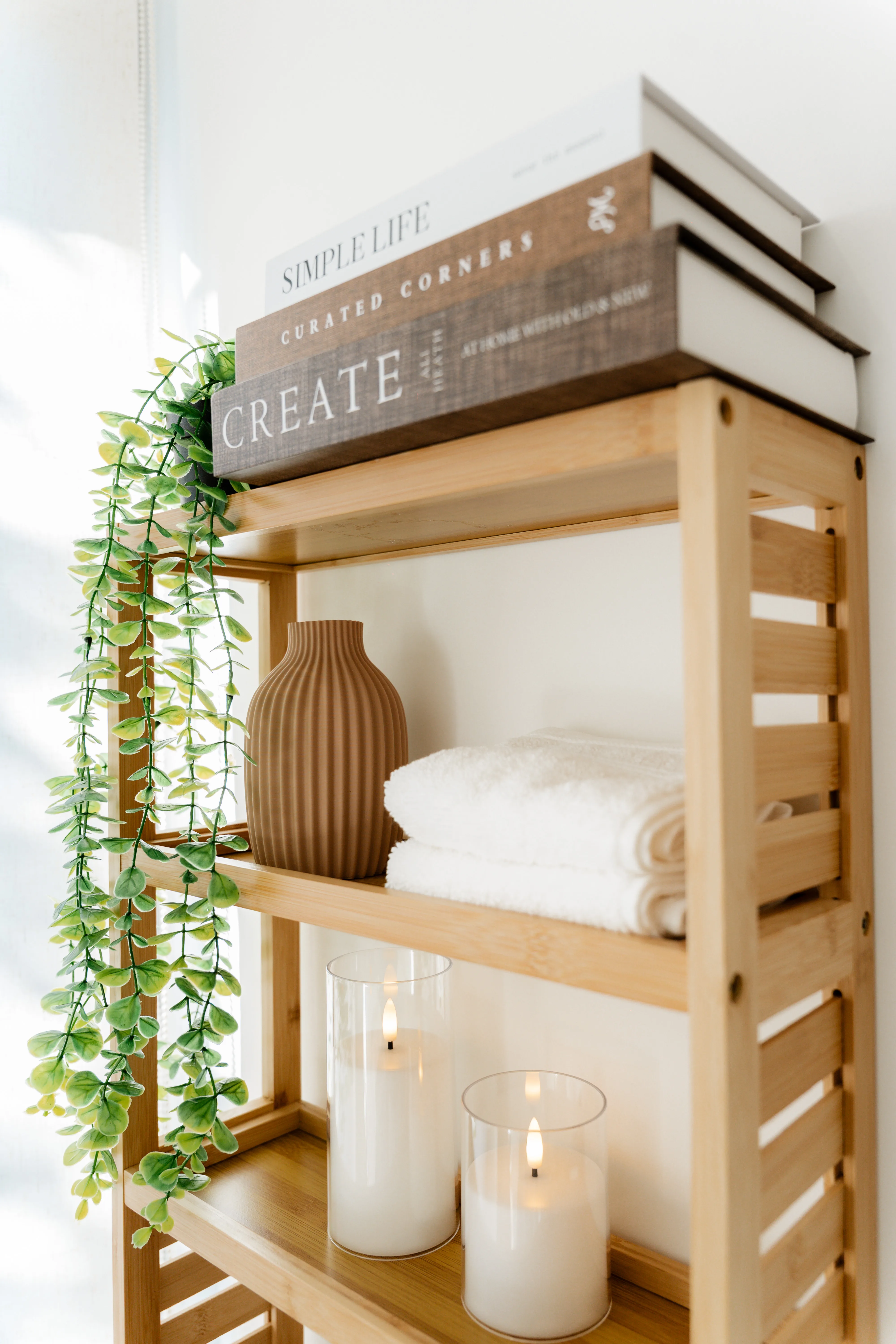 Étagère avec livres, bougies et plante cascade dans le cabinet Ludi